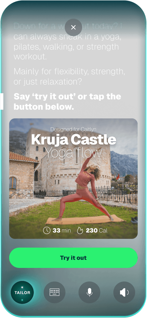 Tailor a chat message in the iFIT Personal Trainer app giving a recommended workout for a woman looking for a Yoga workout