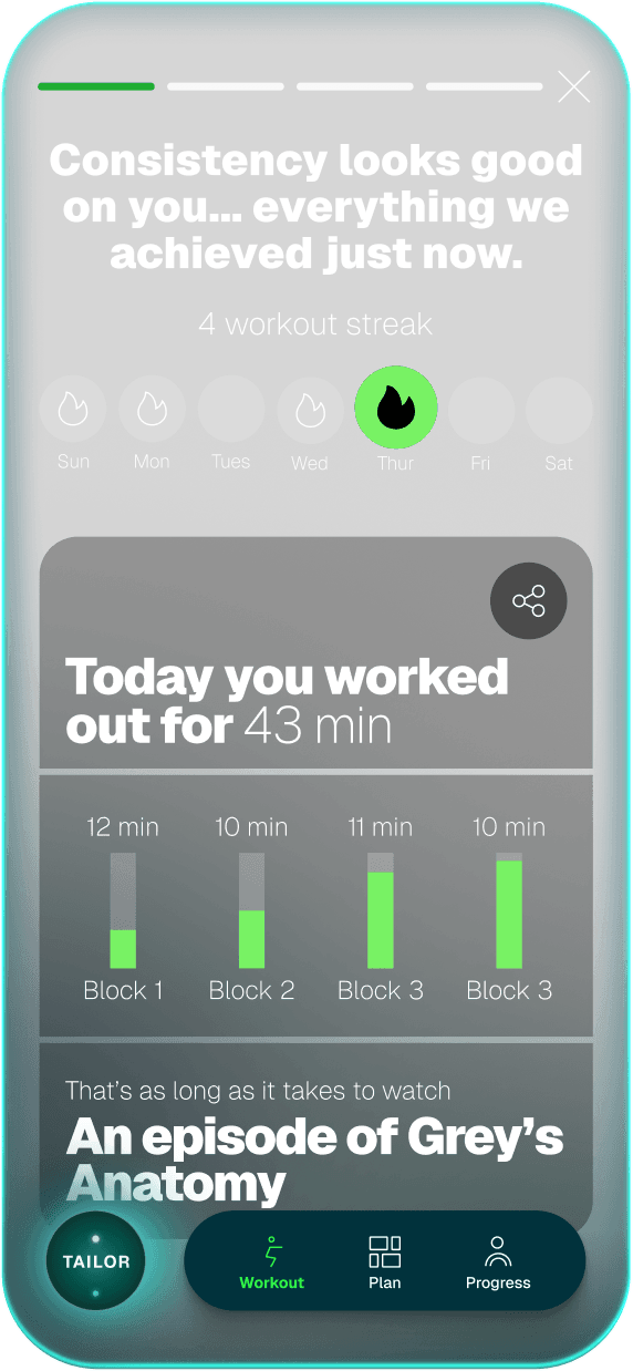 iFIT Personal Trainer app screen showing a workout habit streak tracked by Tailor