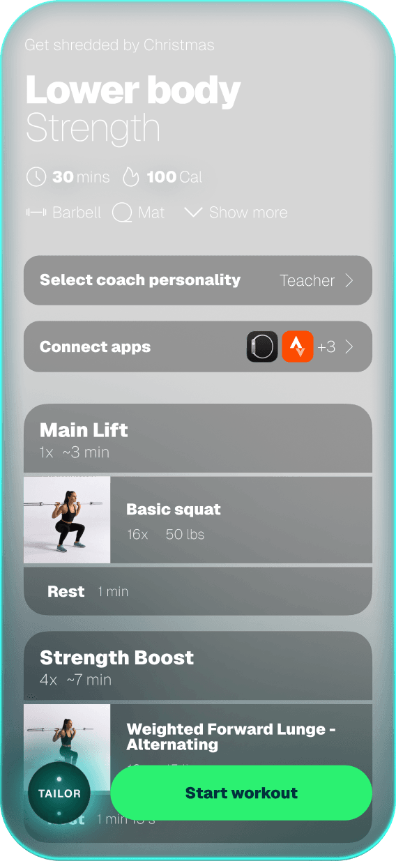 iFIT Personal Trainer app screen showing a Lower body barbell workout built by Tailor