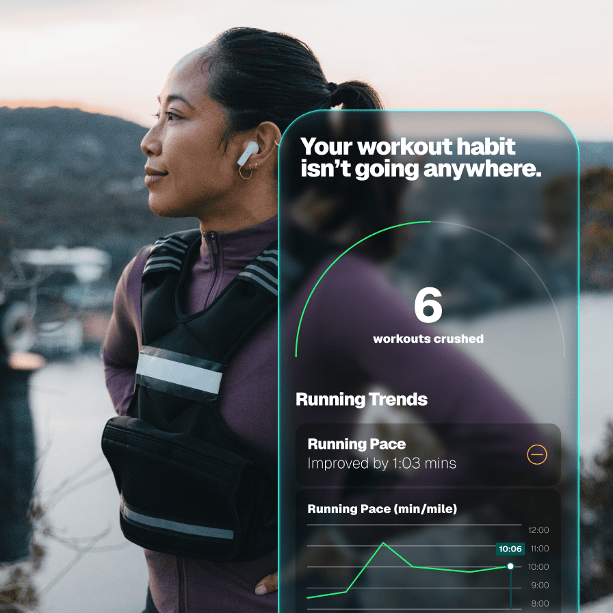Woman training outdoors at sunset next to an iFIT Personal Trainer app screen showing her workout streak and habit progress